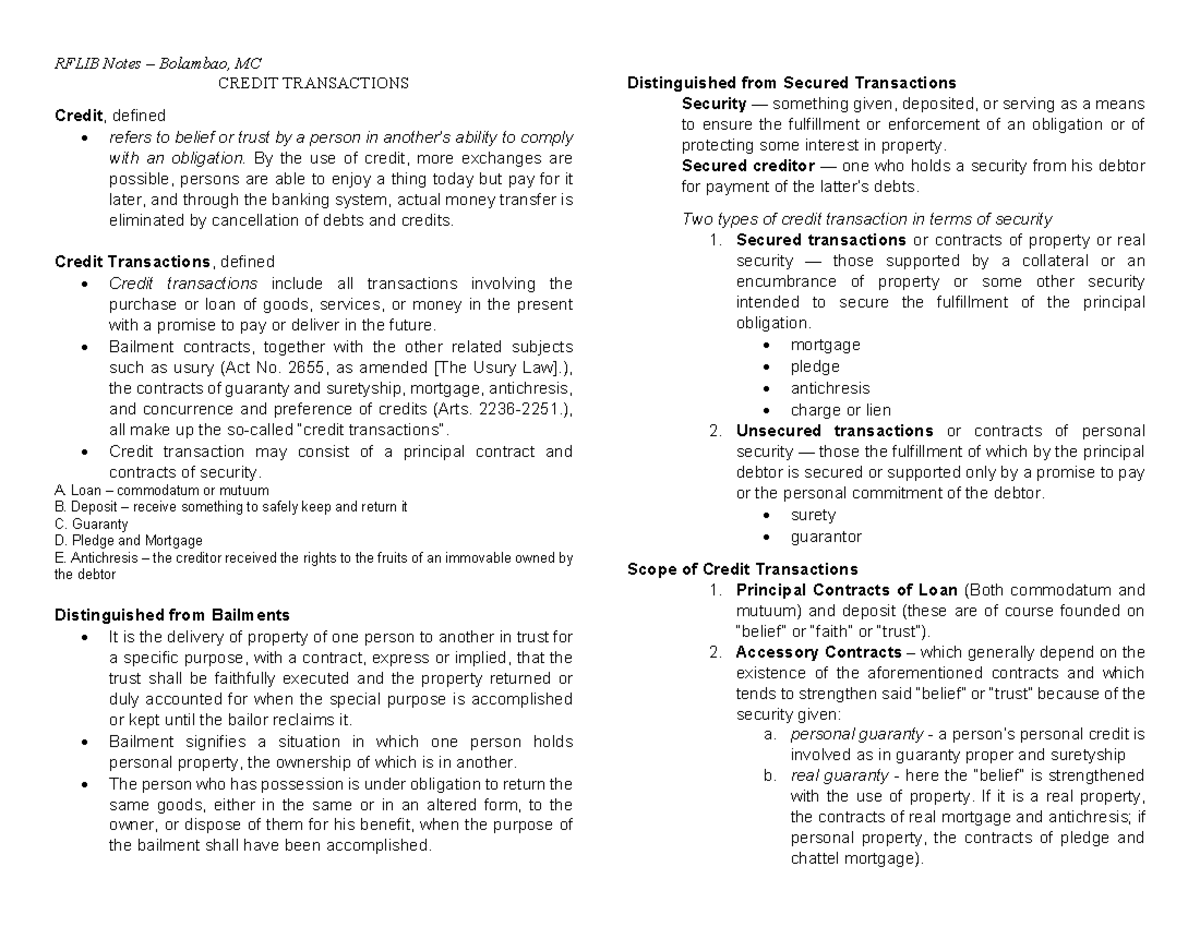Credit Transactions Notes OCT 5 - CREDIT TRANSACTIONS Credit, defined ...