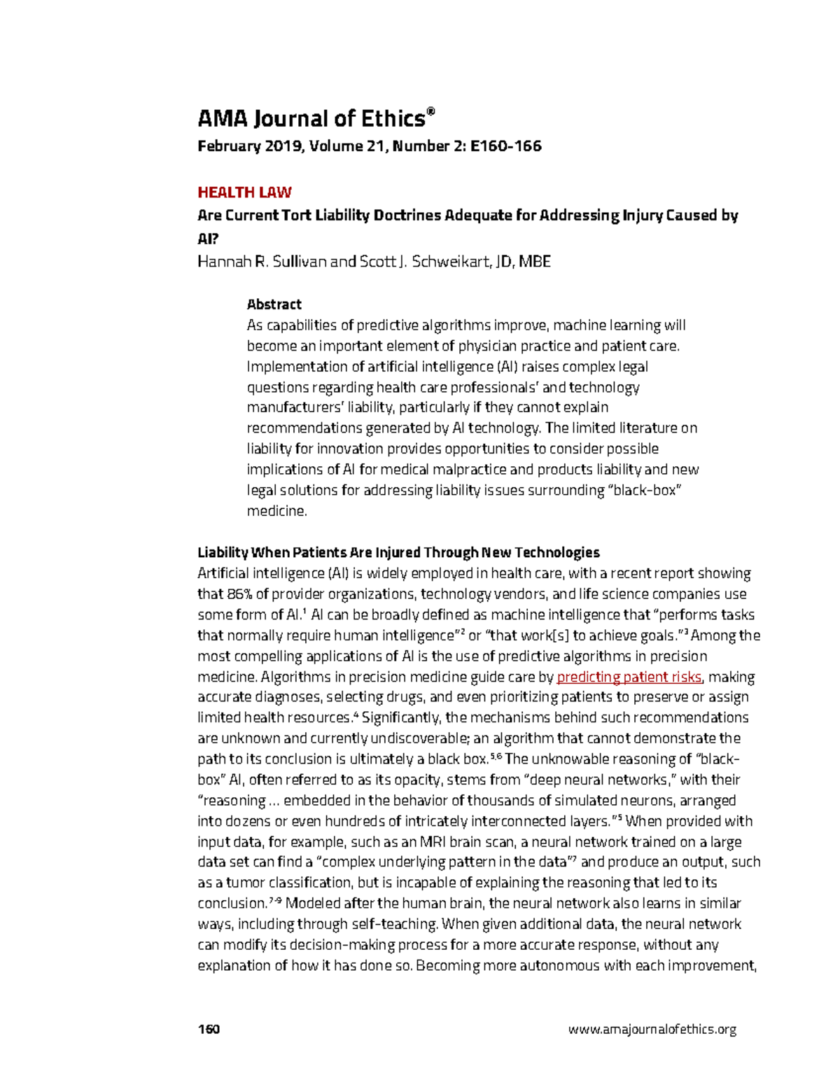 AMA Journal of Ethics: AI and Tort Liability in Health Law - Studocu