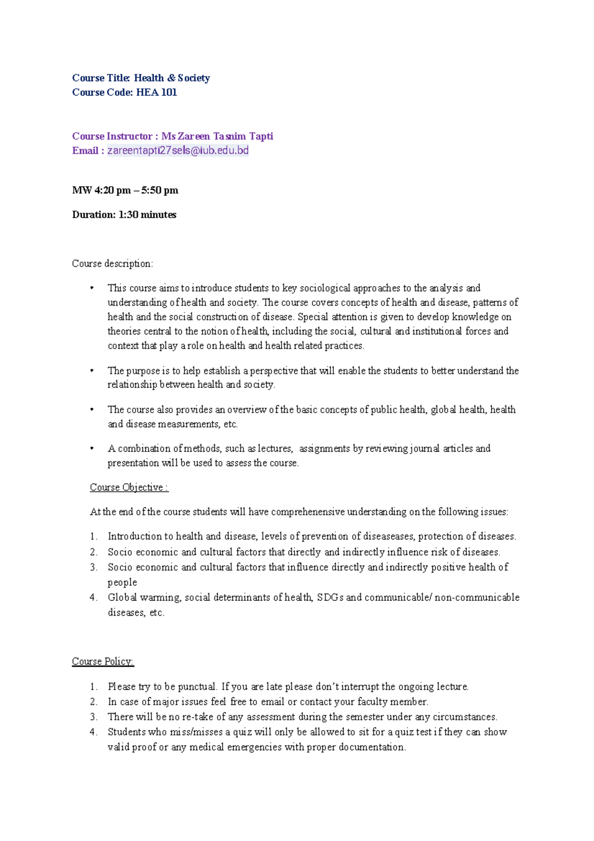 HEA 101: Health and Society Course Outline and Assessment Details - Studocu