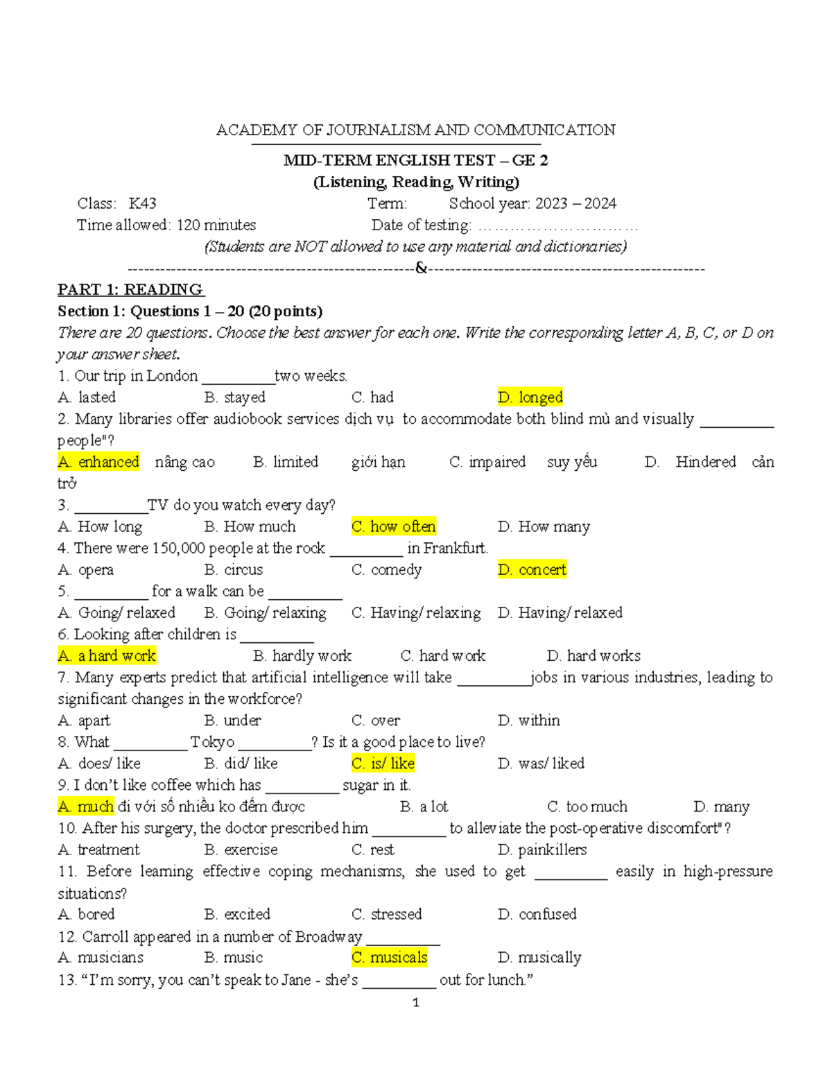 GE2 Midterm Exam K43-2024: English Listening, Reading, Writing Test ...