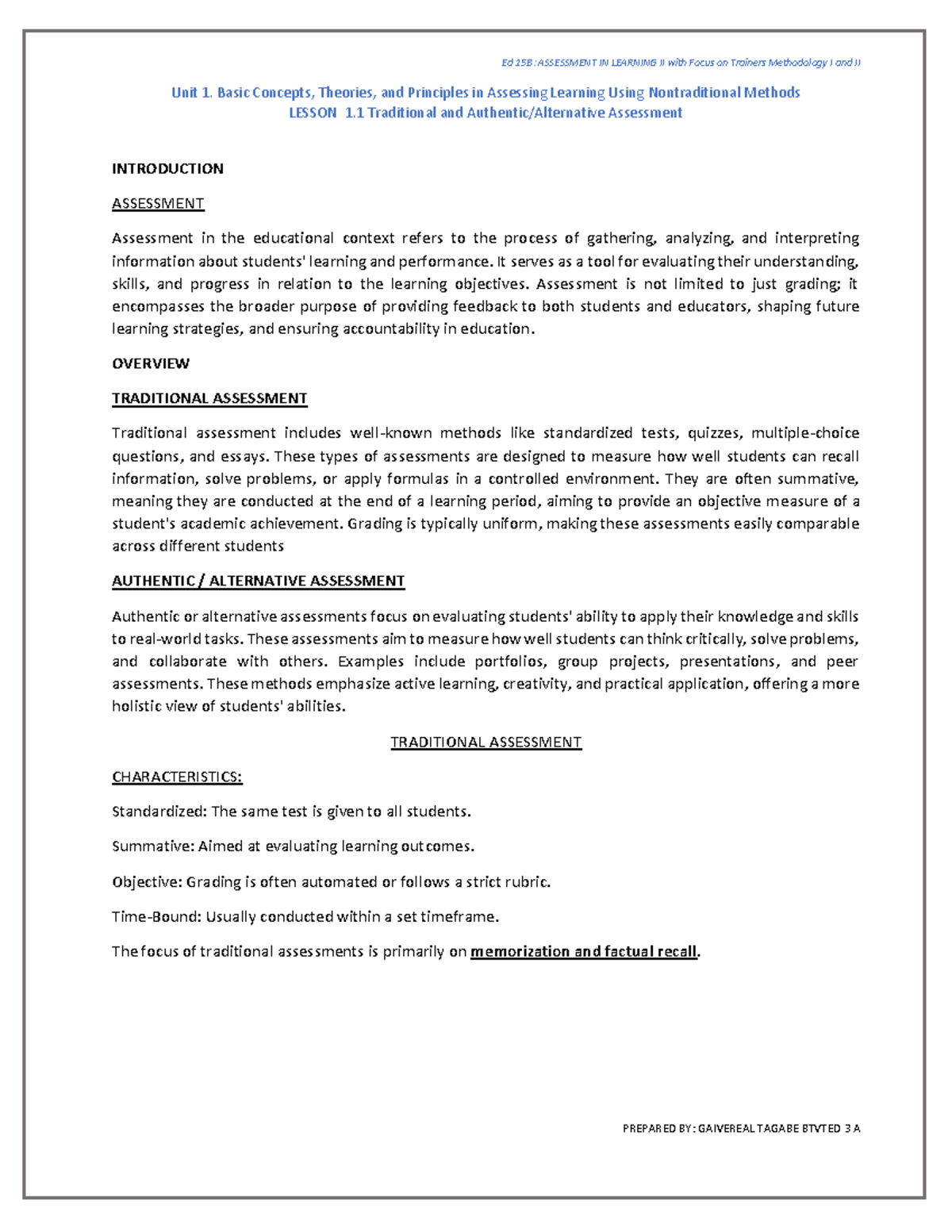 Lesson 1.1 ED 15B: Traditional and Authentic Assessment Overview - Studocu