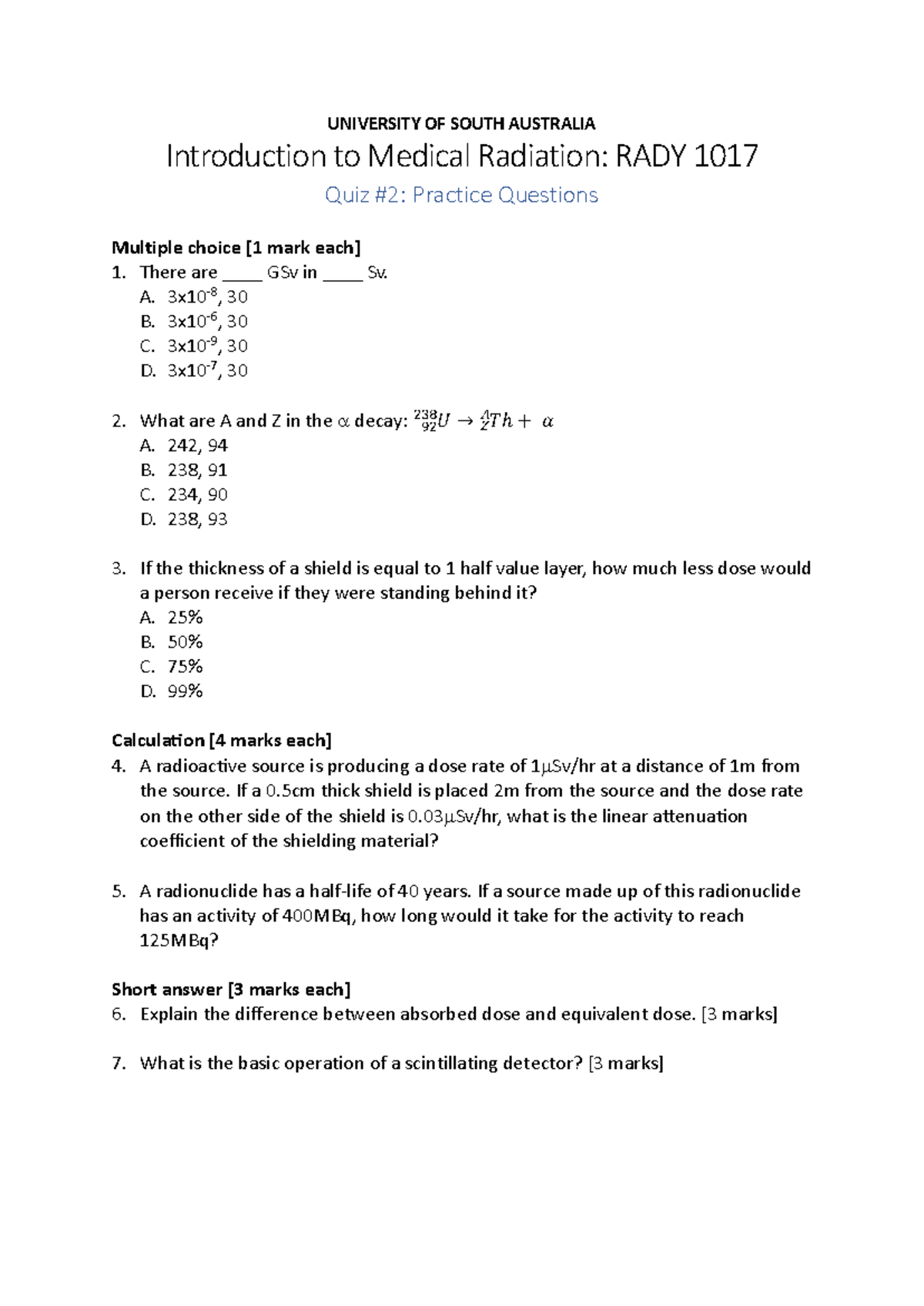 RADY 1017 Introduction to Medical Radiation Quiz Practice Questions ...