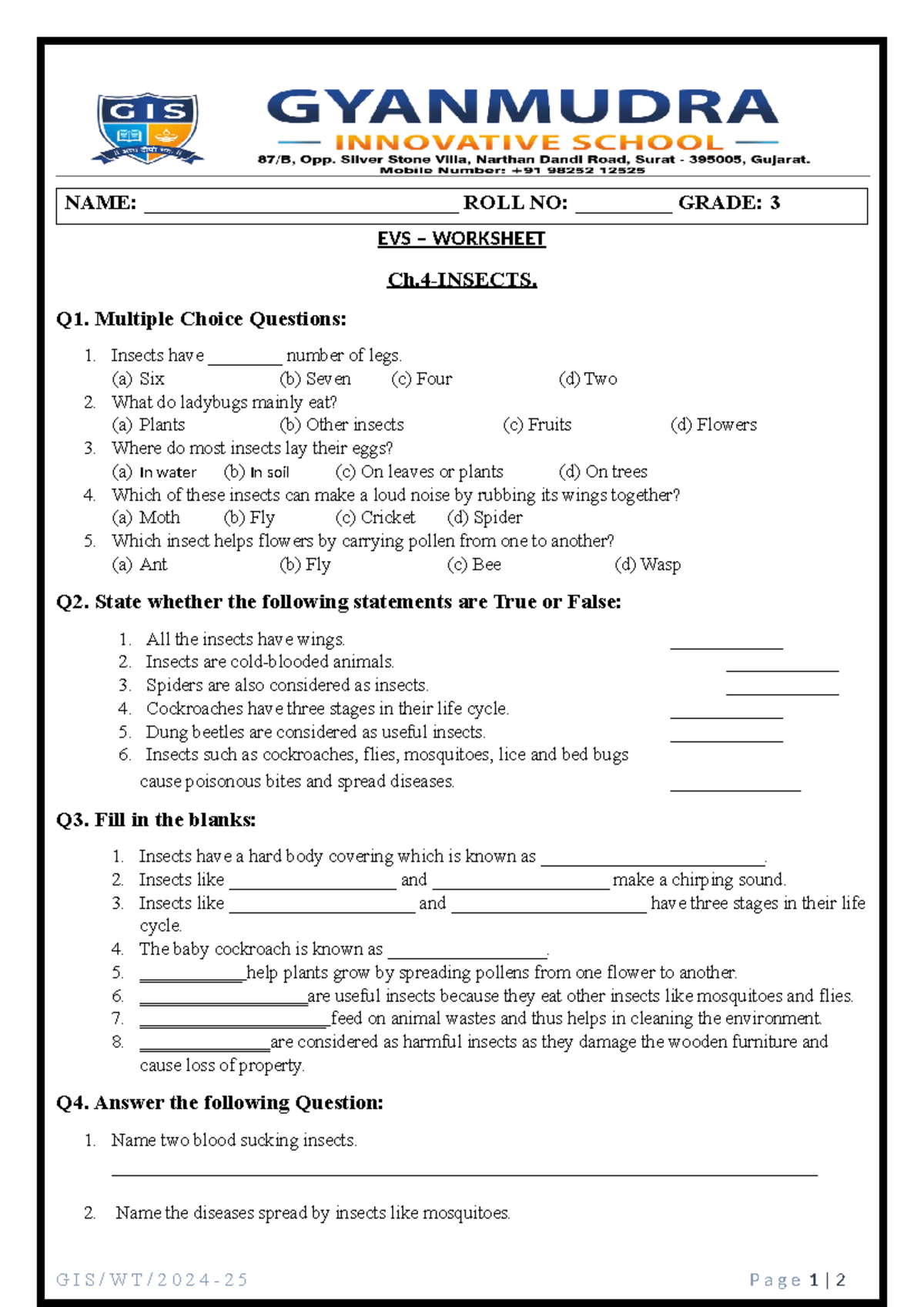 Grade 3 EVS - Insects Worksheet for Science Revision - Studocu