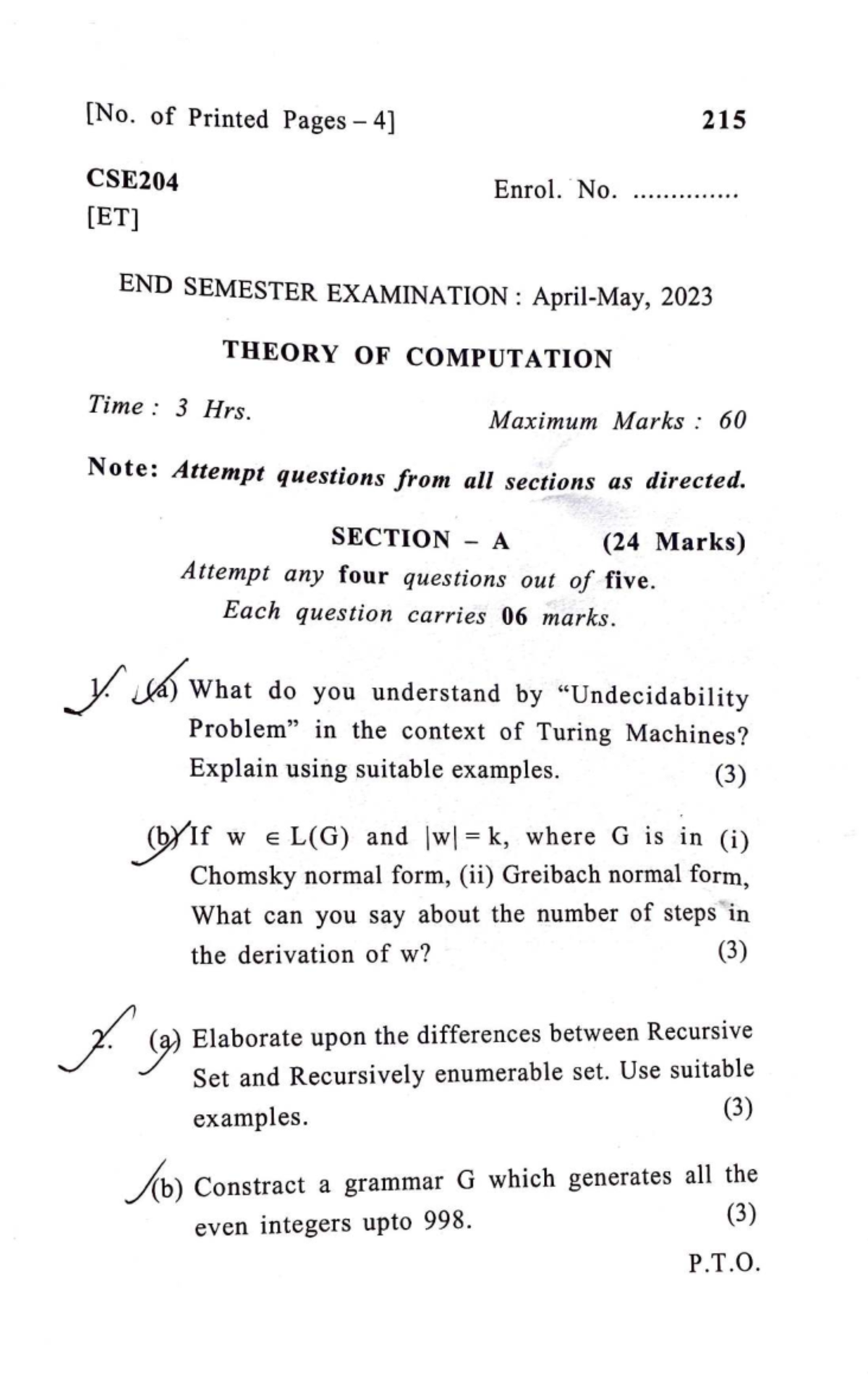 End Semester Exam CSE204: Theory of Computation 2023 - PYQ - Studocu