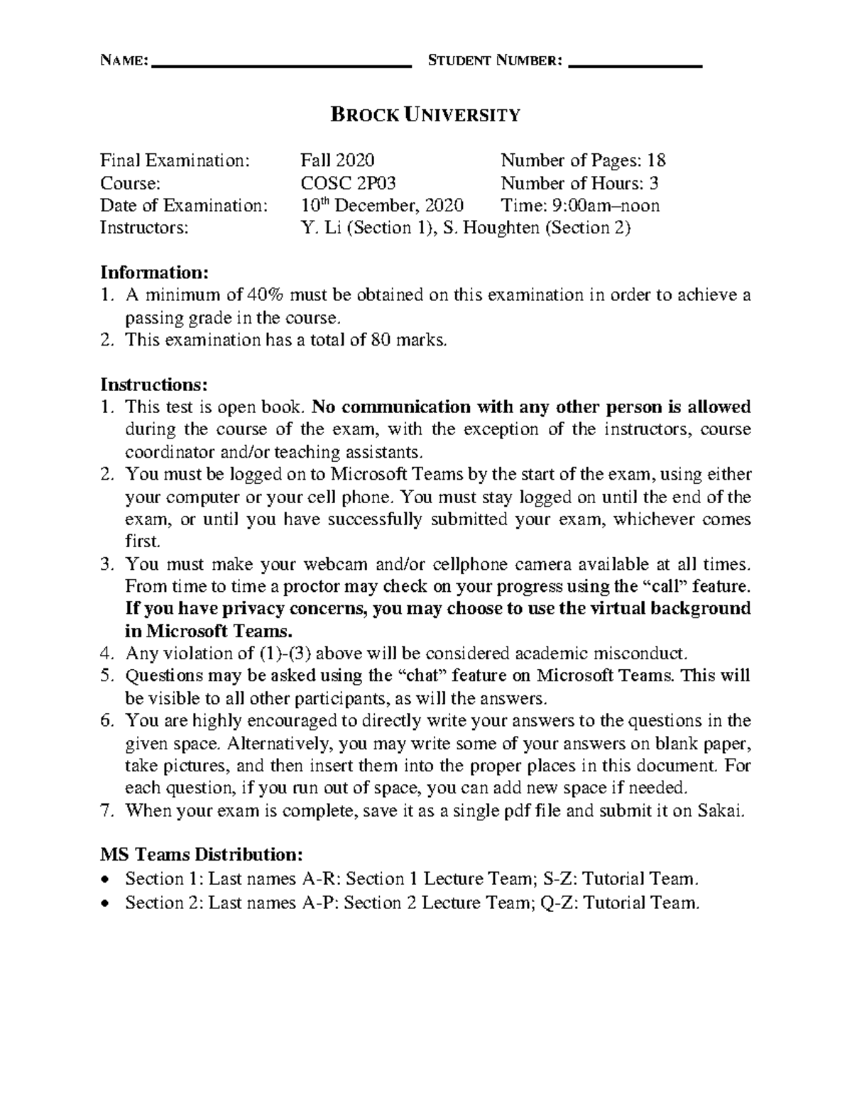 COSC2P03 2020 Final Exam Overview and Instructions - Studocu