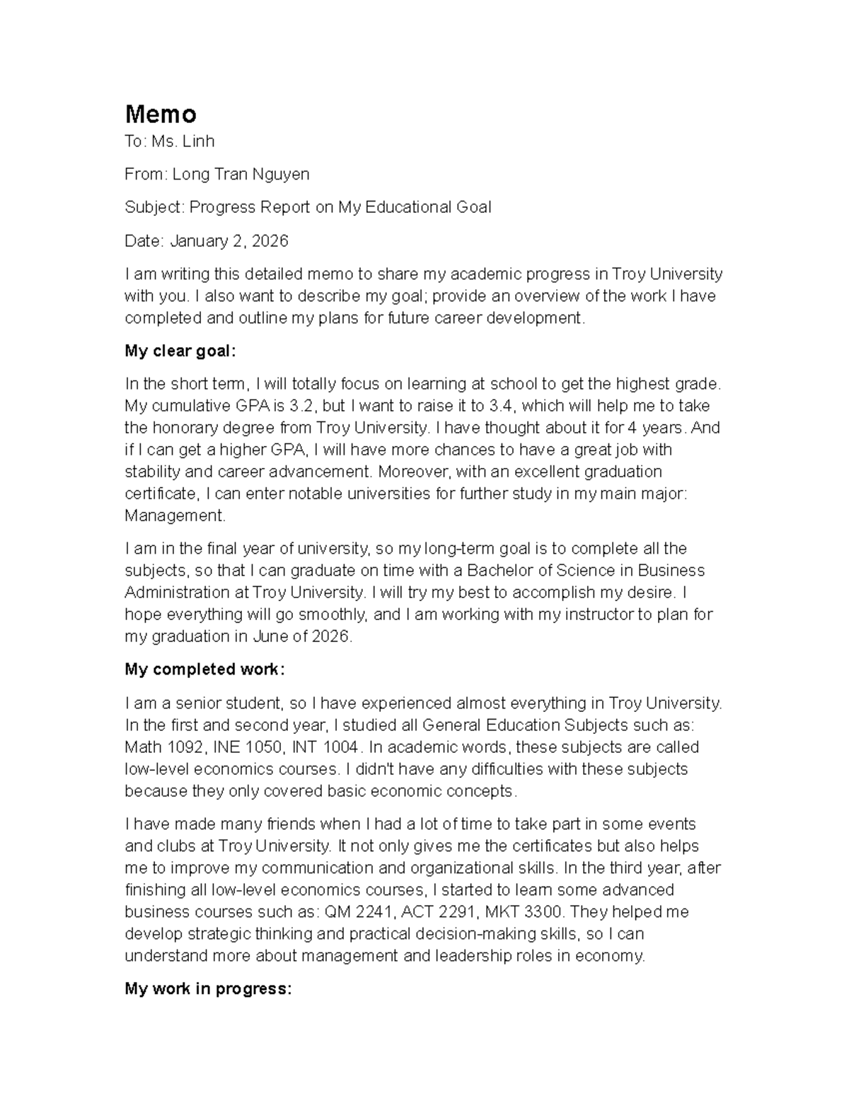 Memo: Progress Report on Educational Goals - Long Tran Nguyen - Studocu