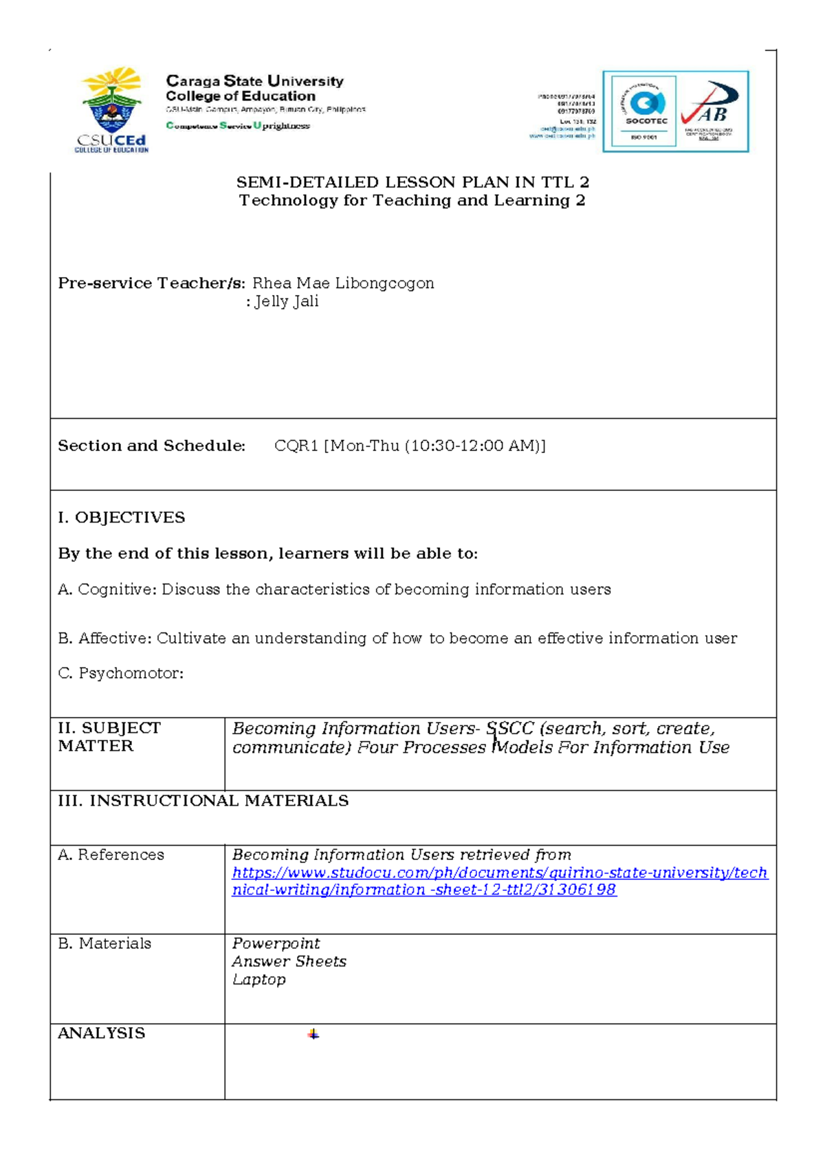 SEMI-DETAILED LESSON PLAN IN TTL 2: Becoming Information Users - Studocu