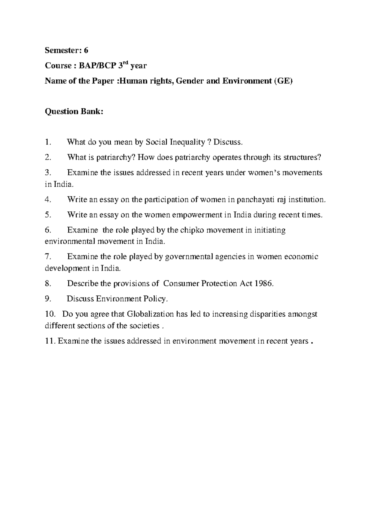 Question Bank for Human Rights, Gender & Environment (GE) - BAP/BCP 3rd ...