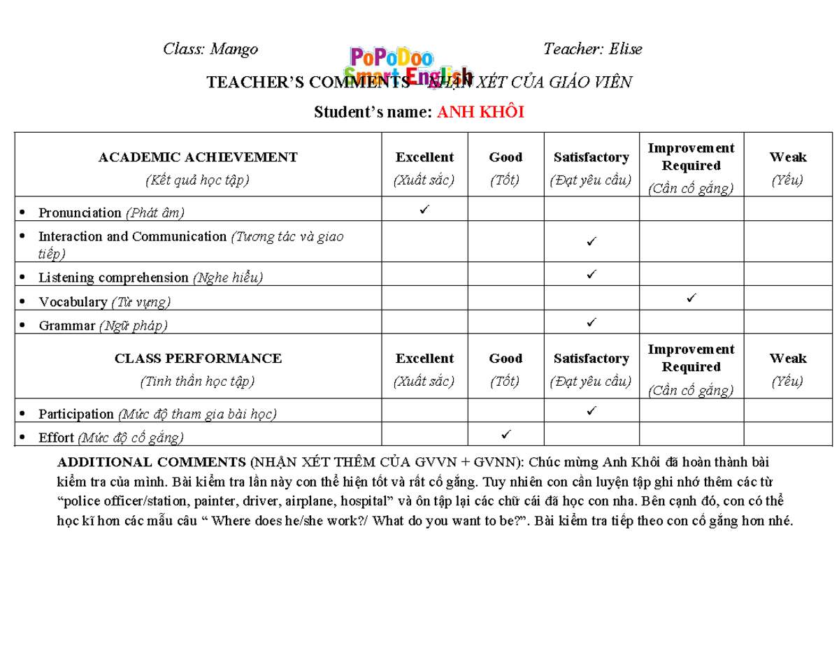 Nhận xét Kiểm Tra Mango - Học Sinh Anh Khôi - Studocu