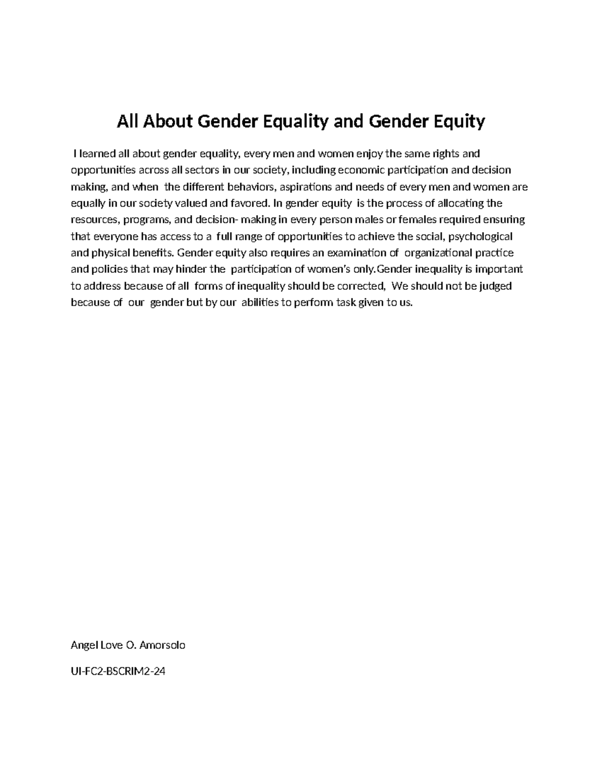 Gender Equality and Equity: Insights for UI-FC2-BSCRIM2 Class - Studocu
