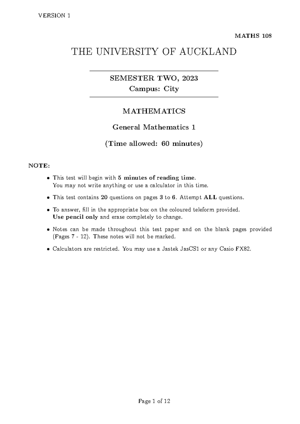 MATHS 108 Semester 2, 2023 - General Mathematics Test Version 1 - Studocu