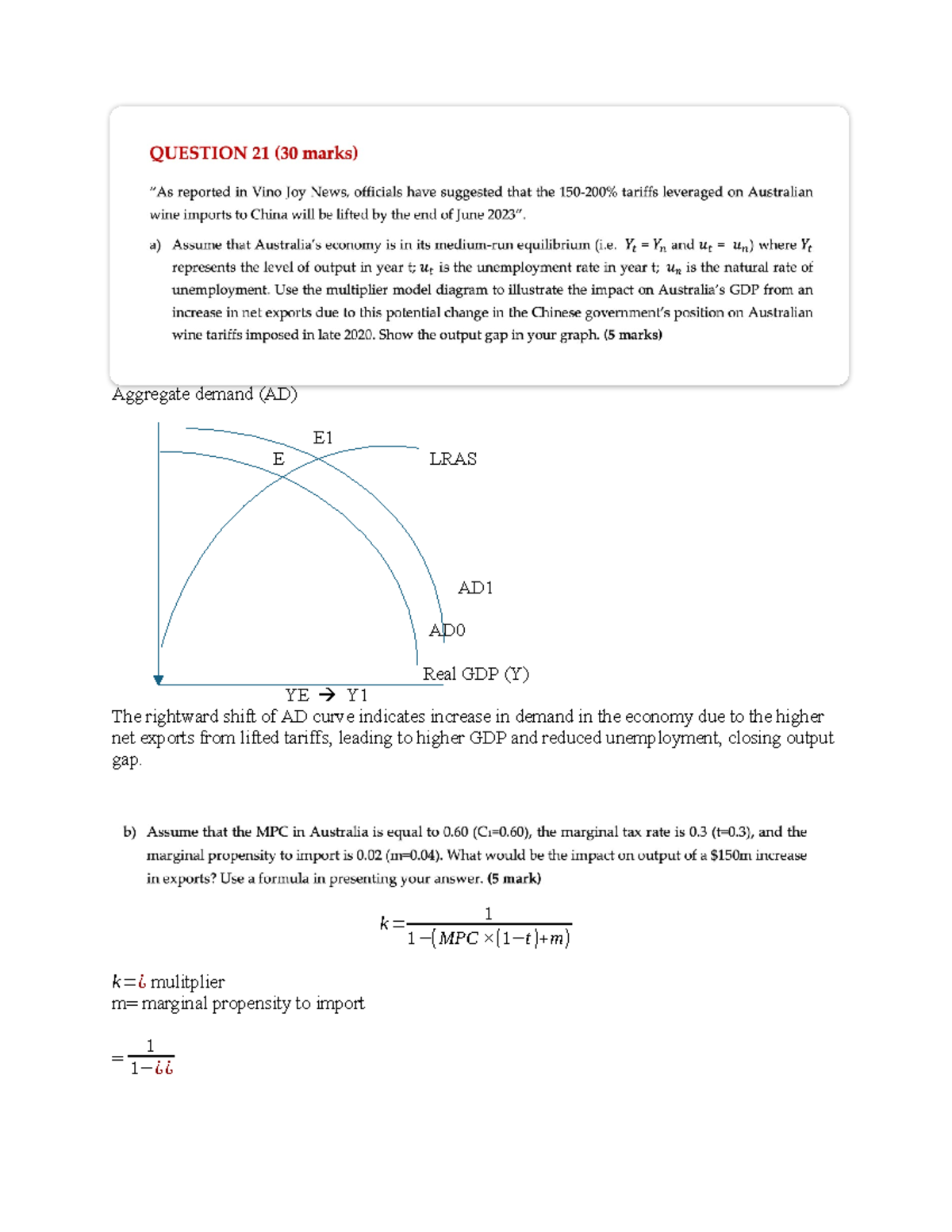 ECON1021 Final Exam Past Paper Answers and Economic Analysis - Studocu