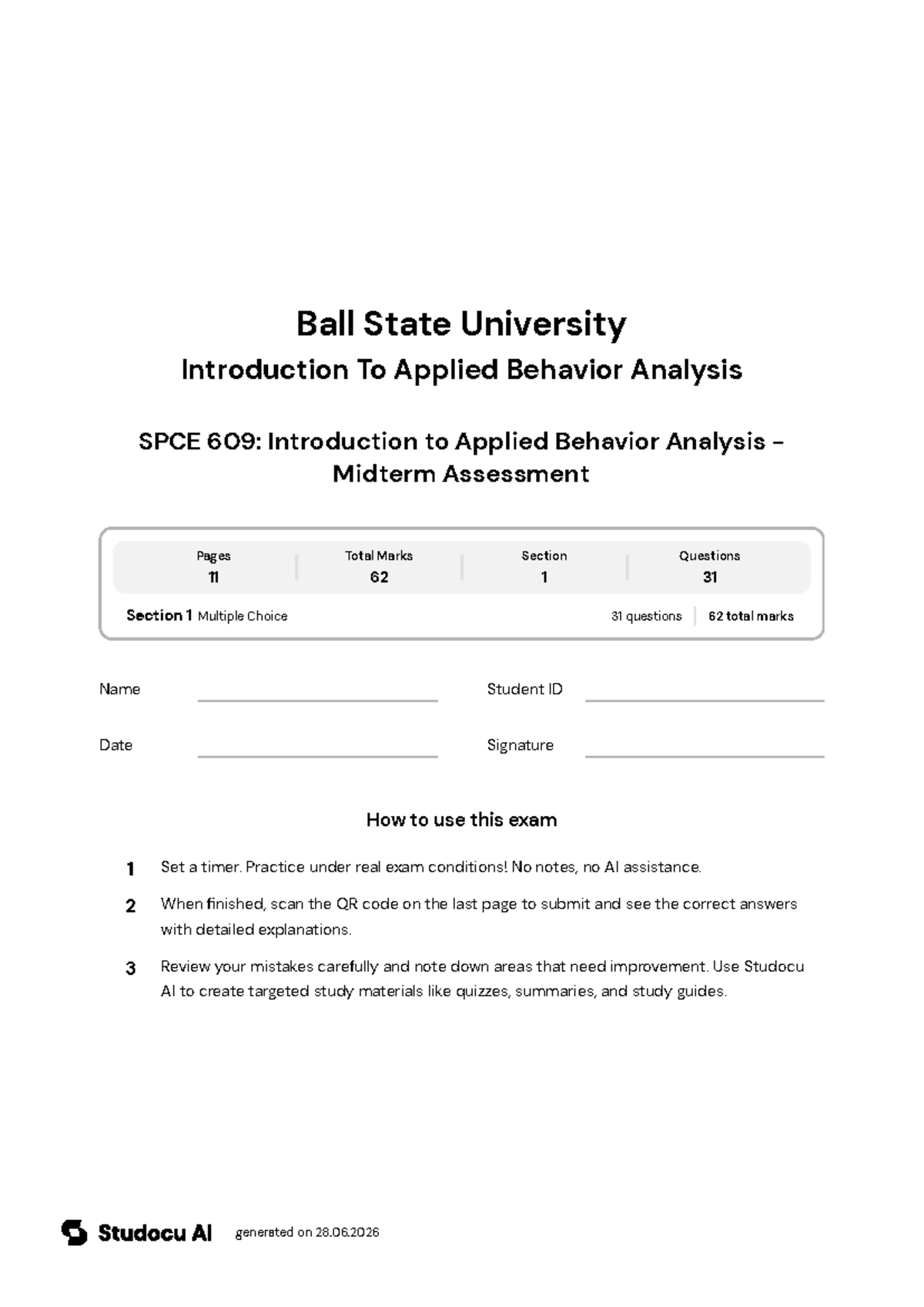 SPCE 609: Midterm Assessment on Applied Behavior Analysis - Studocu