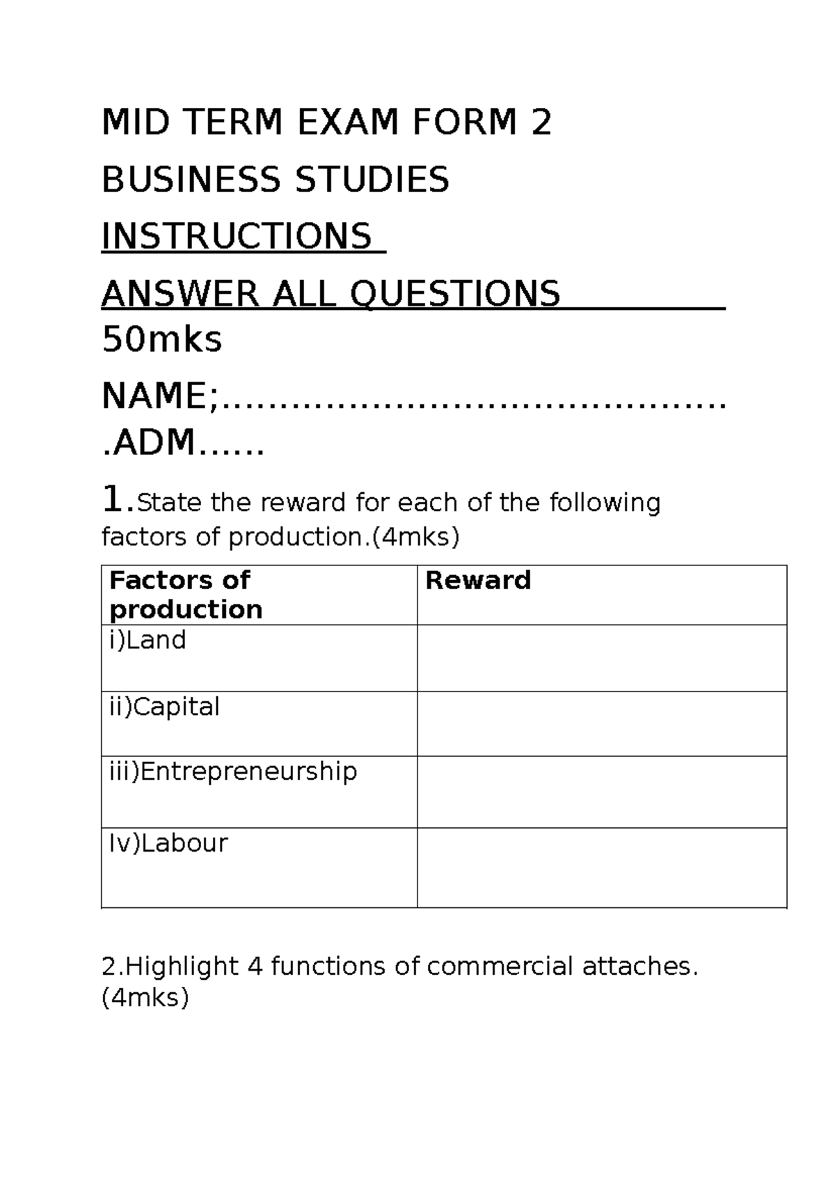 MID TERM EXAM FORM 2 BUSINESS STUDIES - 50 MARKS QUESTIONS - Studocu