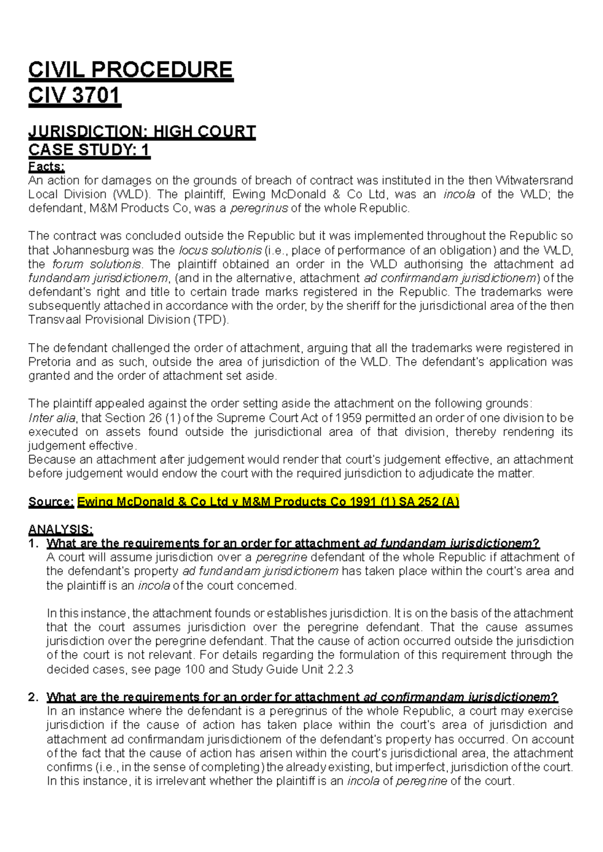 CIV 3701 Final Exam Notes: Jurisdiction and Case Studies Analysis - Studocu