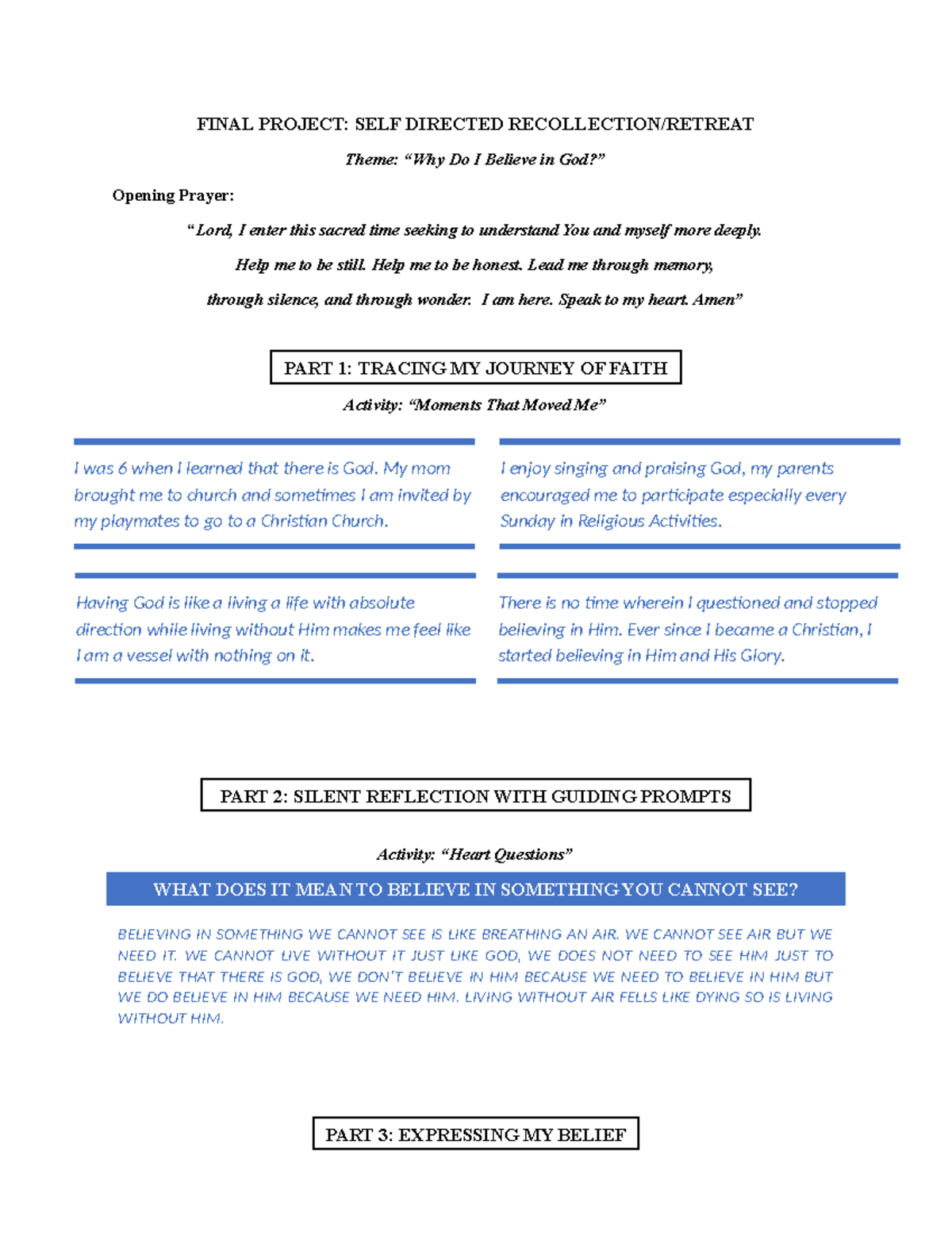 FINAL PROJECT: SELF-DIRECTED FAITH JOURNEY AND REFLECTION - Studocu