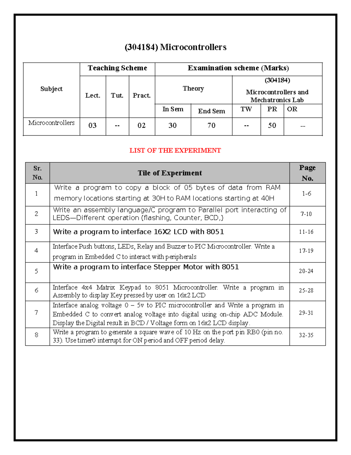 (304184) Microcontrollers Lab Manual: Experiments & Guidelines - Studocu