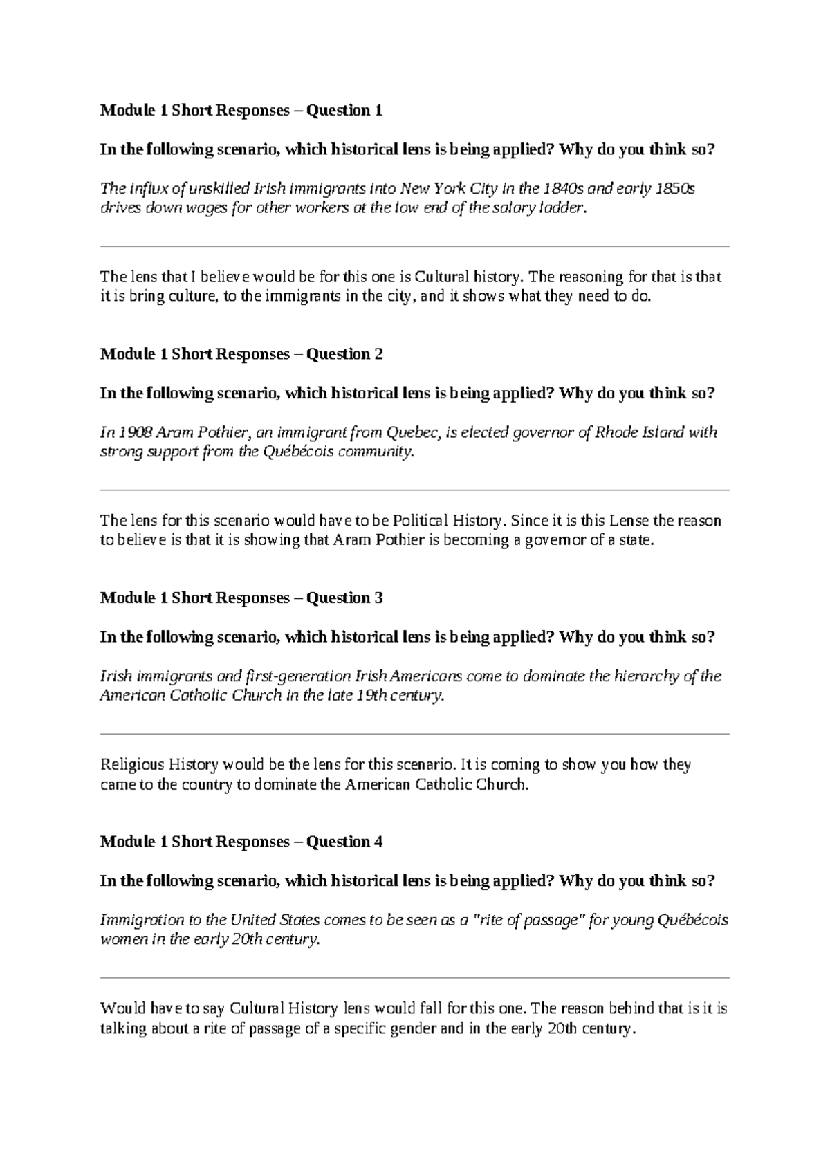 Module 1 Short Responses: Analyzing Historical Lenses and Questions ...