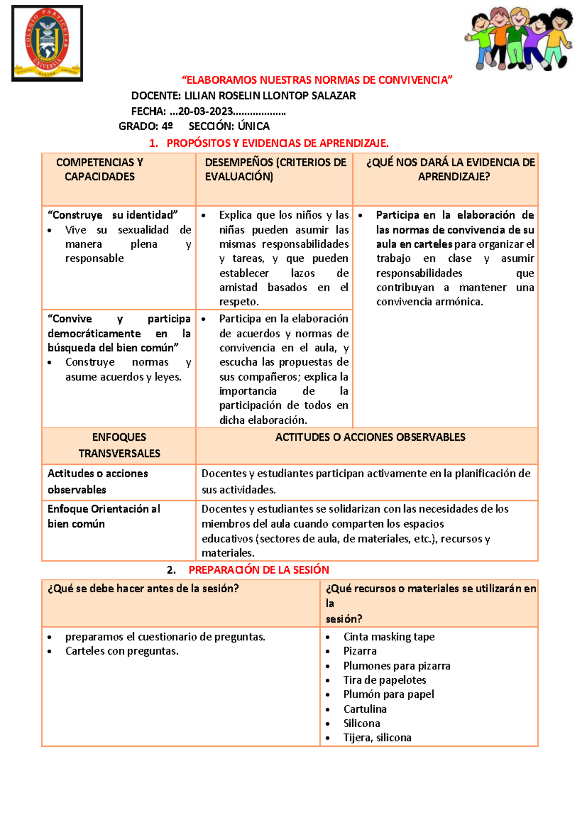 Normas de Convivencia para el Aula - 4º Grado, Sesión de Aprendizaje ...