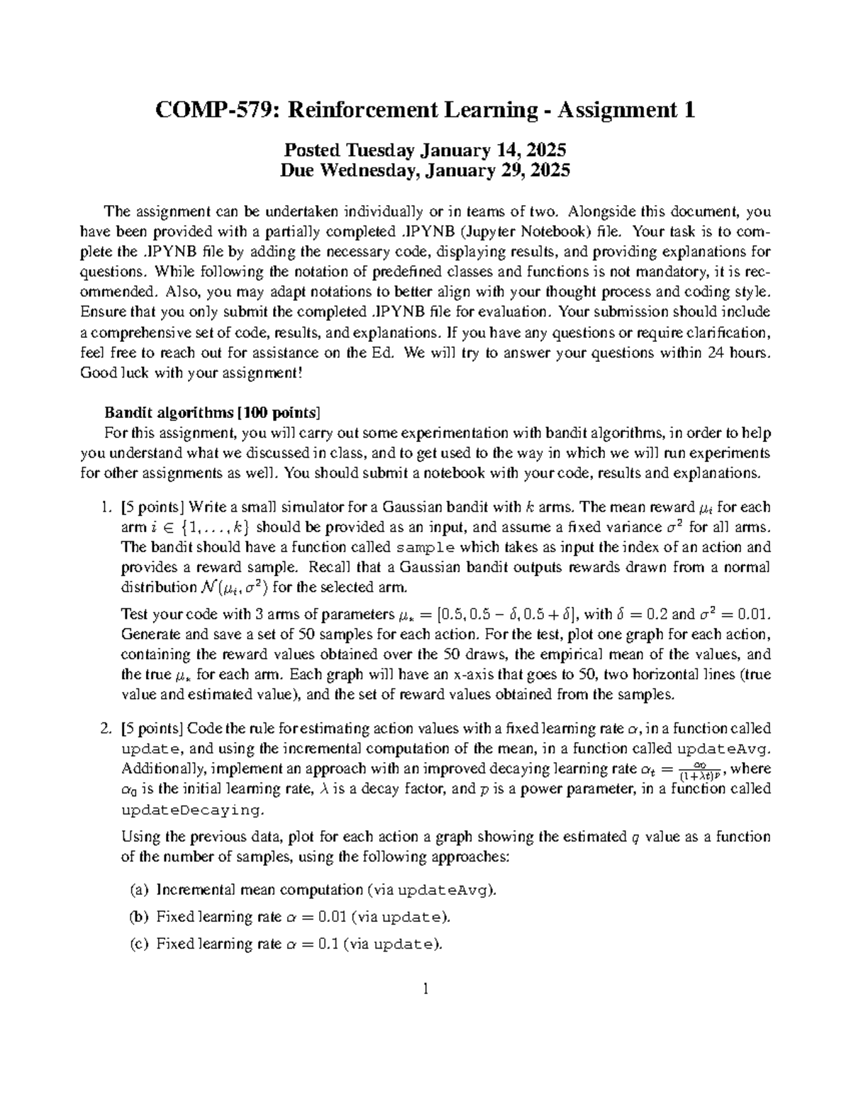 COMP 579 A1 - Reinforcement Learning Assignment 1 Guide - Studocu