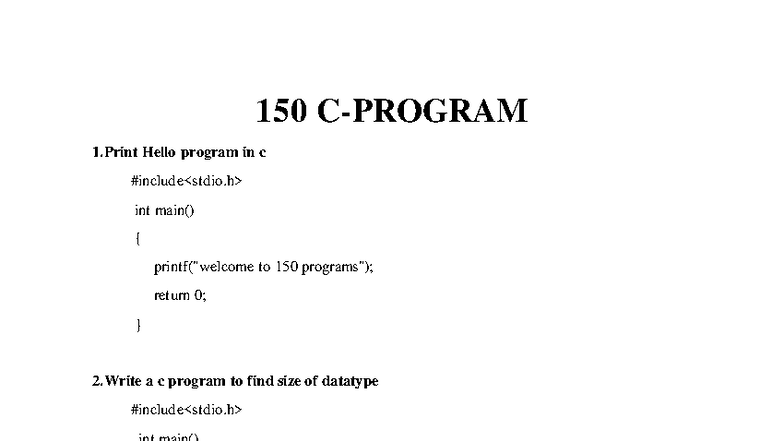 C Programming Exercises: 150 Sample Programs for Practice - Studocu