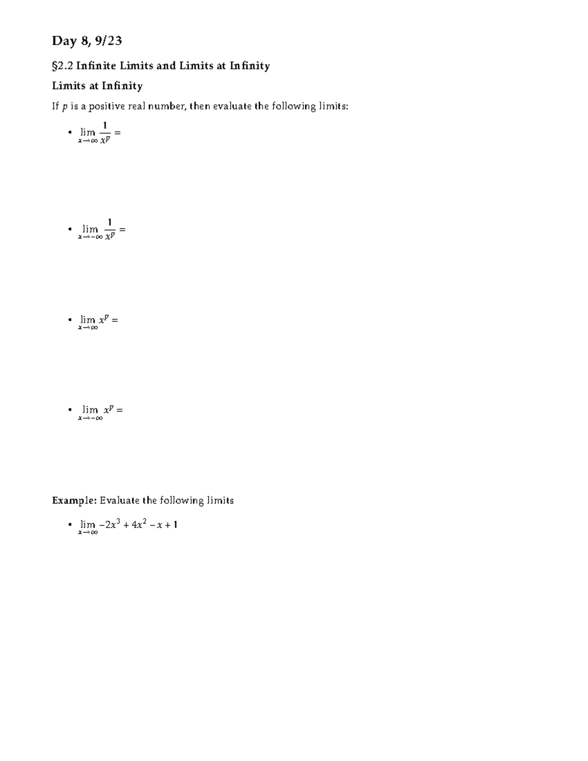 8 MA121 Section 2 2 Fall 22 - Day 8, 9/23 §2 Infinite Limits and Limits ...