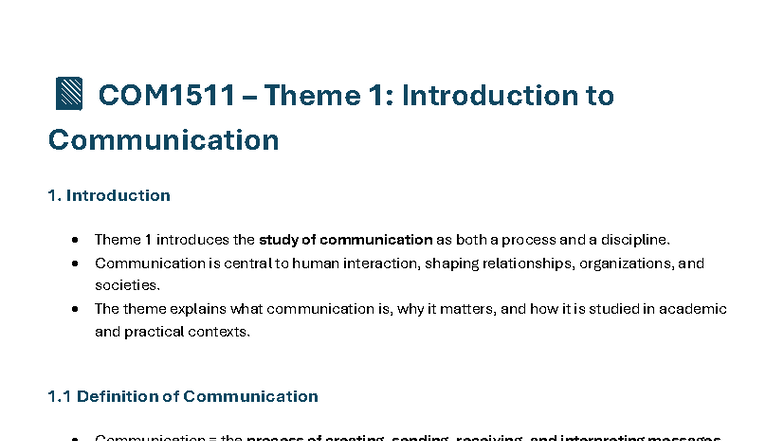 COM1511 Theme 1: Intro to Communication - Notes Summary - Studocu