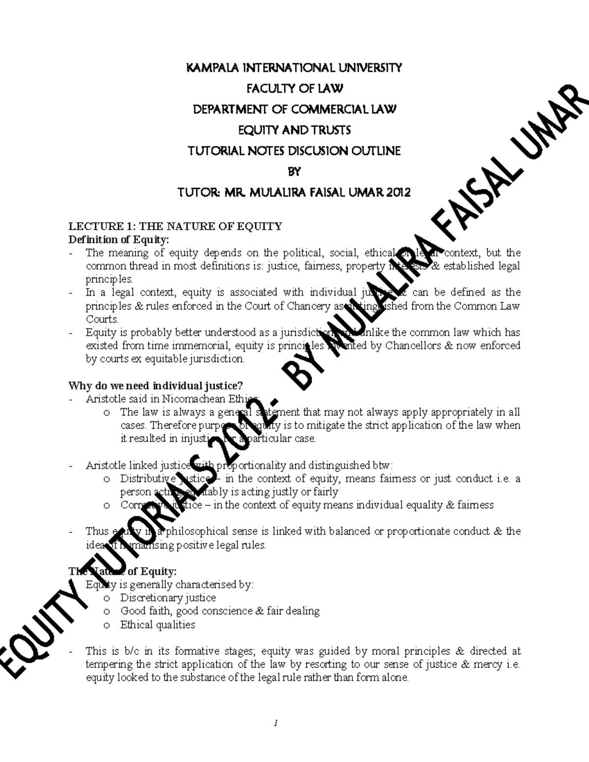 Equity and Trusts Lecture Series (LAW 2012) - Tutorial Notes - Studocu