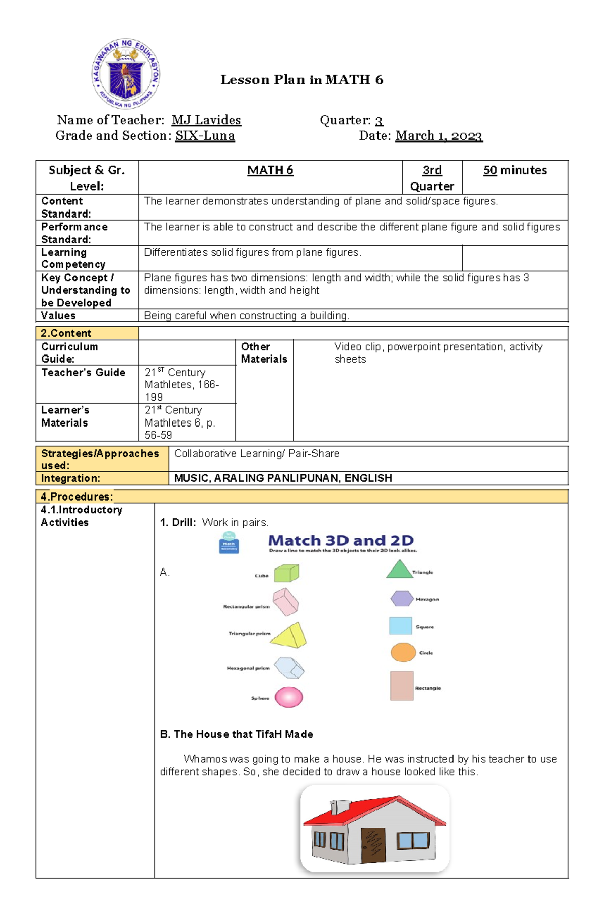COT Q3-MATH Lesson Plan on Solid and Plane Figures for MATH 6 - Studocu