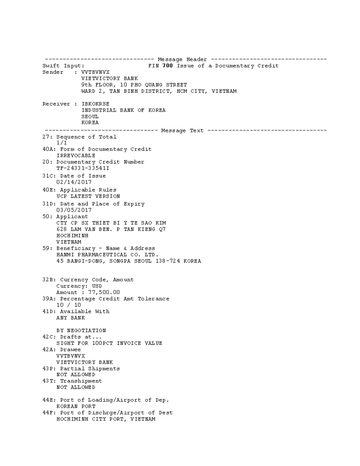 FIN 700 Documentary Credit Message Header - LC MT700 Details - Studocu