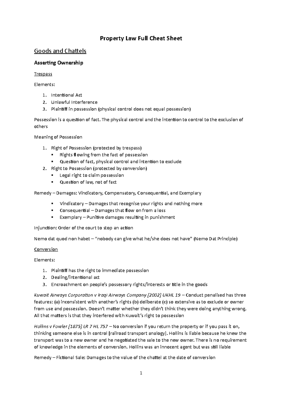 Property-Law-Full-Cheat-Sheet - Property Law Full Cheat Sheet Goods and ...