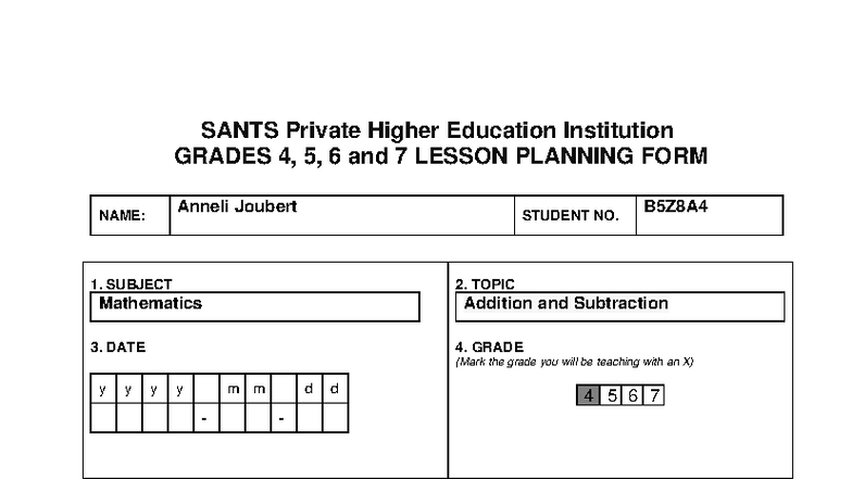Lesson Plans for Mathematics: Addition & Subtraction (Grades 4-7) - Studocu