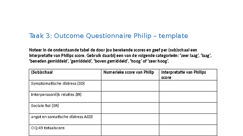 Taak 3: Outcome Questionnaire Philip - Scores en Interpretaties ...