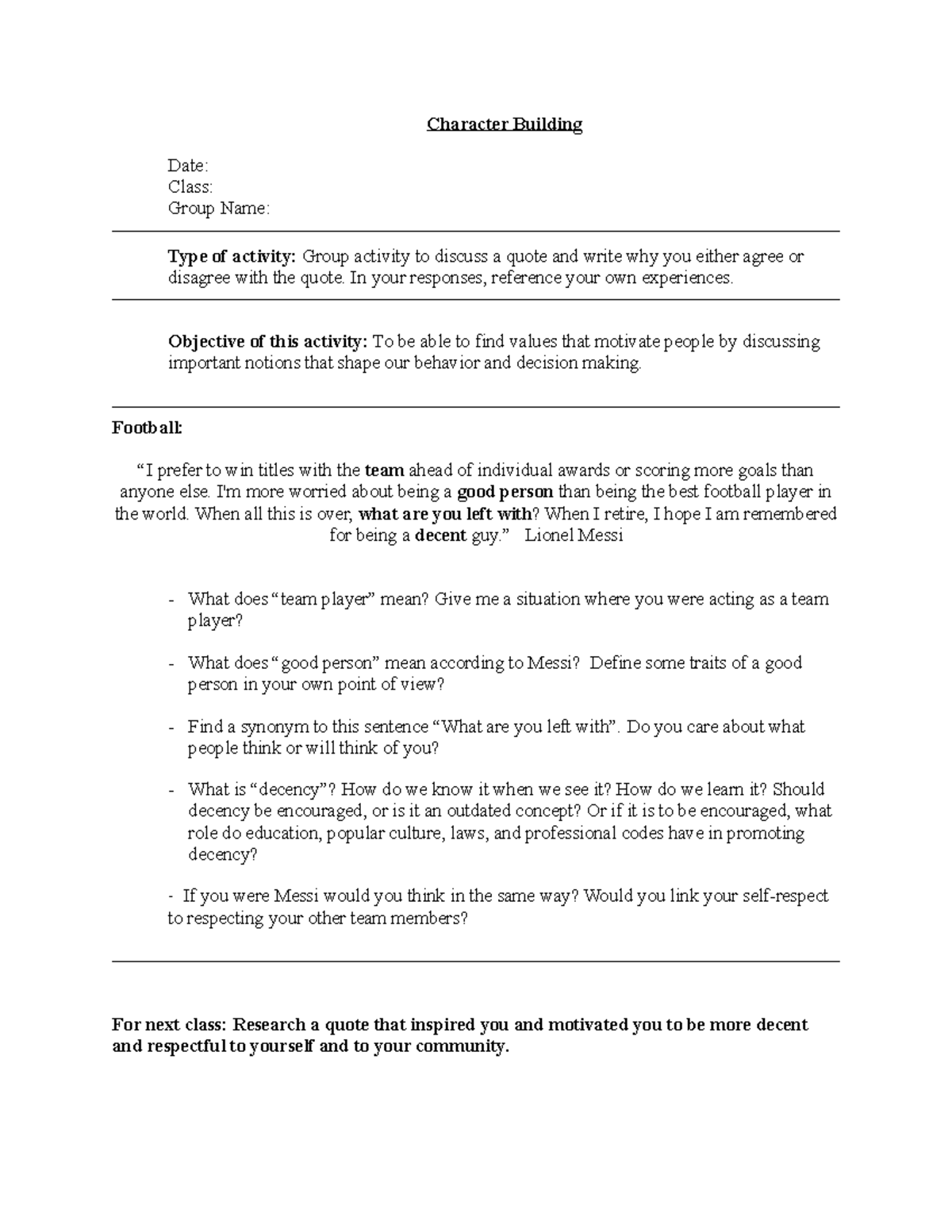 Character Building Group Activity - Respect & Team Player Discussion ...