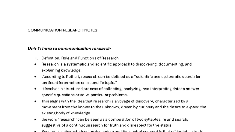 COMMUNICATION RESEARCH FULL NOTES Unit 1: Introduction to Research ...