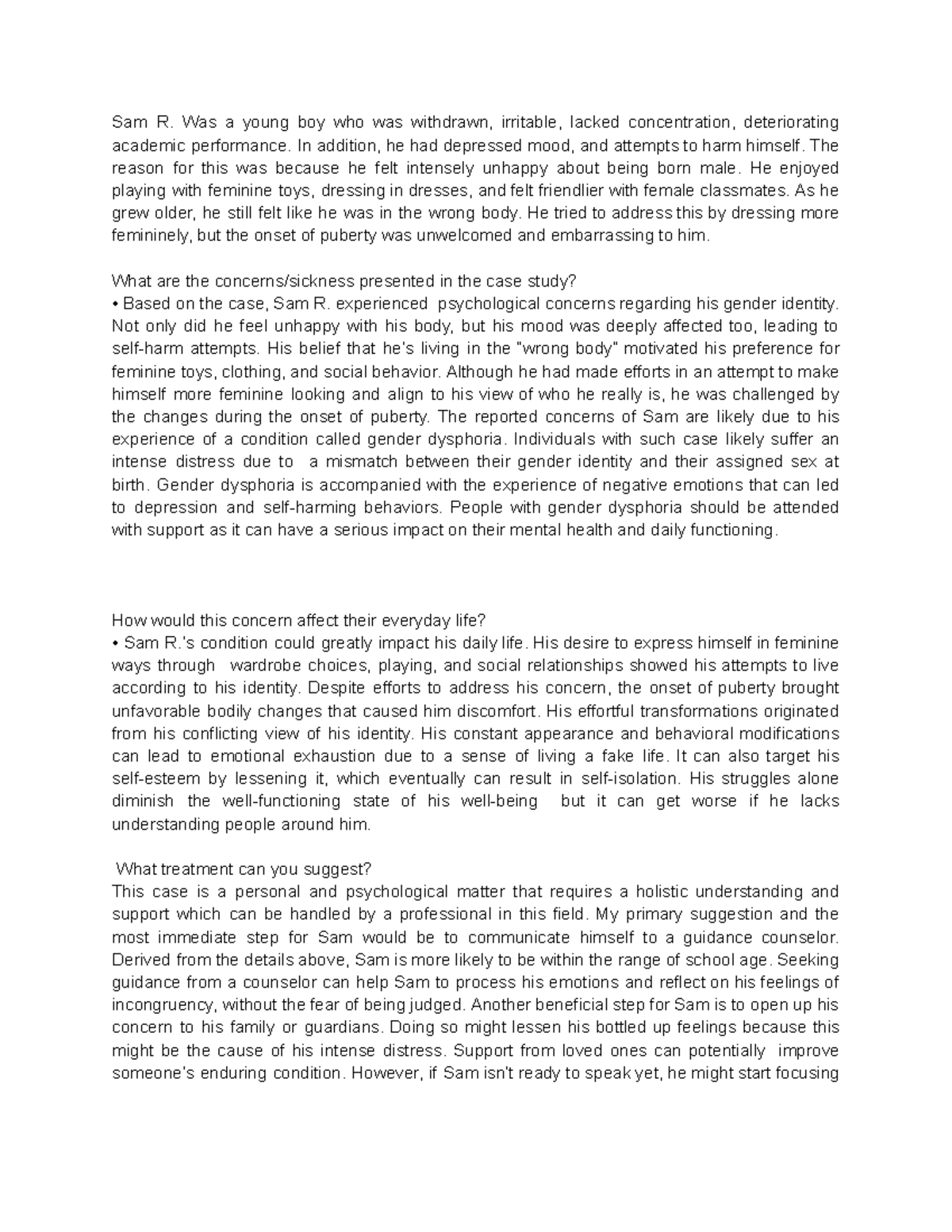 Biopsych Case Study: Understanding Sam R.'s Gender Dysphoria - Studocu