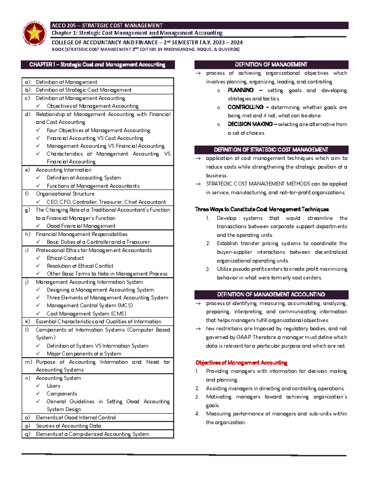 ACCO205 Strategic Cost Management Lecture Notes Chapter 1 Overview ...