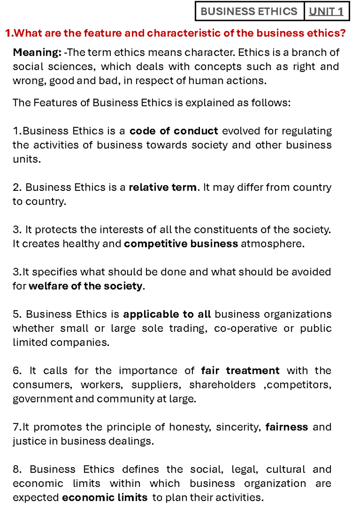 BUSINESS ETHICS SEM 1: UNIT 1 & 2 OVERVIEW AND KEY CONCEPTS - Studocu