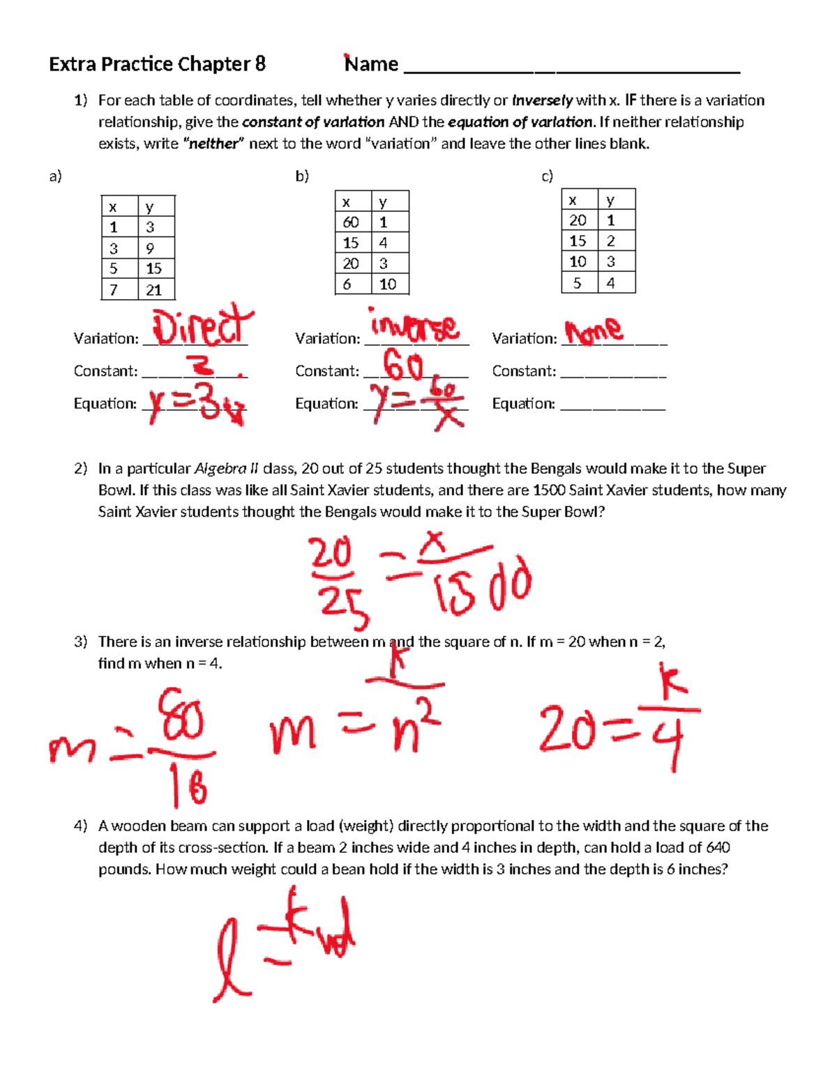 Extra Practice on Chapter 8 - Variation and Relationships - Studocu
