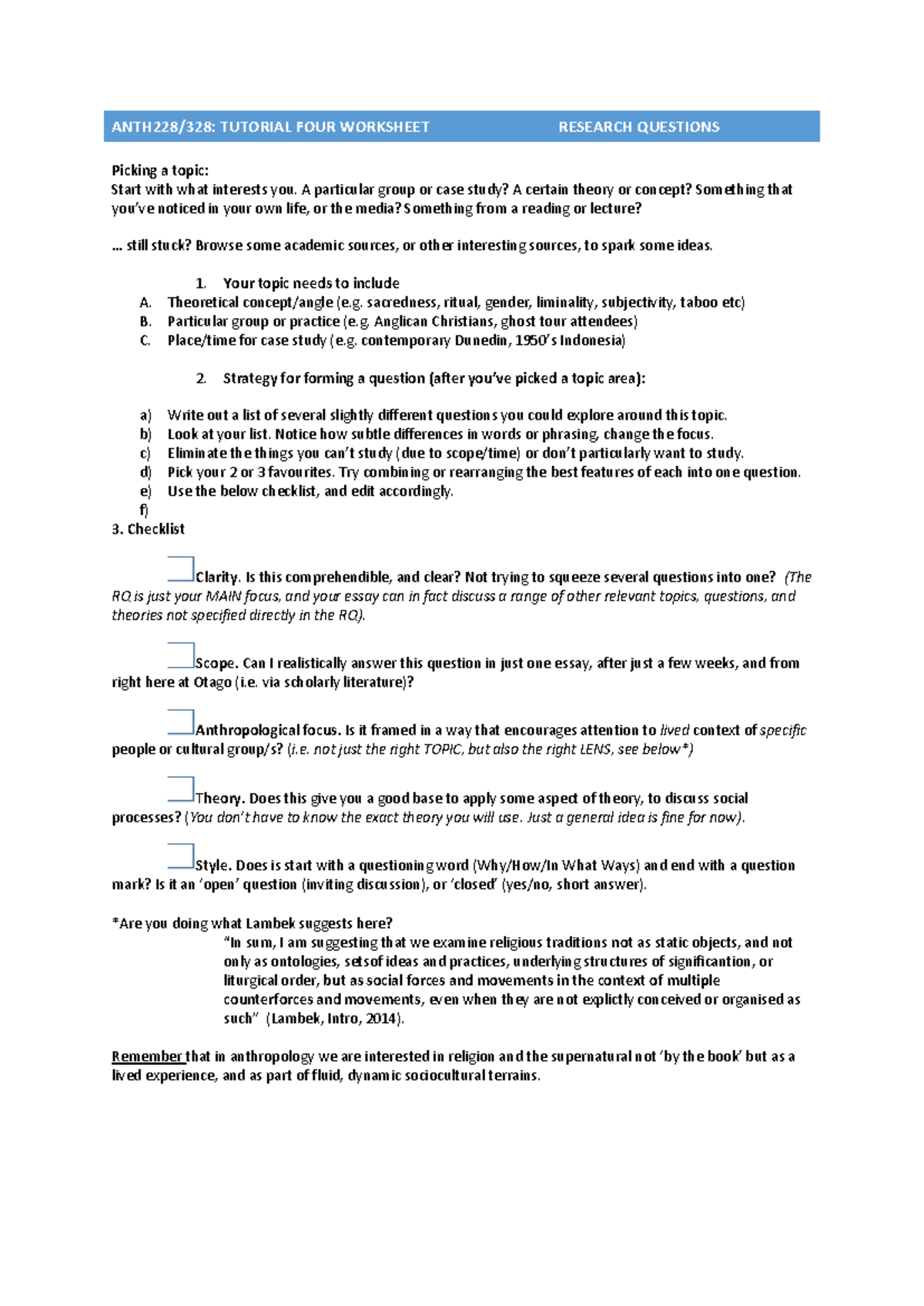 ANTH228328 Tutorial 4 Worksheet: Research Question Development - Studocu