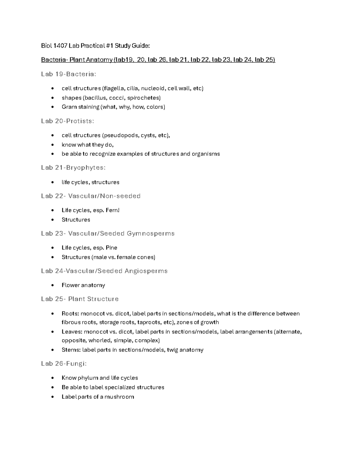Biol 1407 Lab Practical #1 Study Guide: Bacteria & Plant Anatomy - Studocu