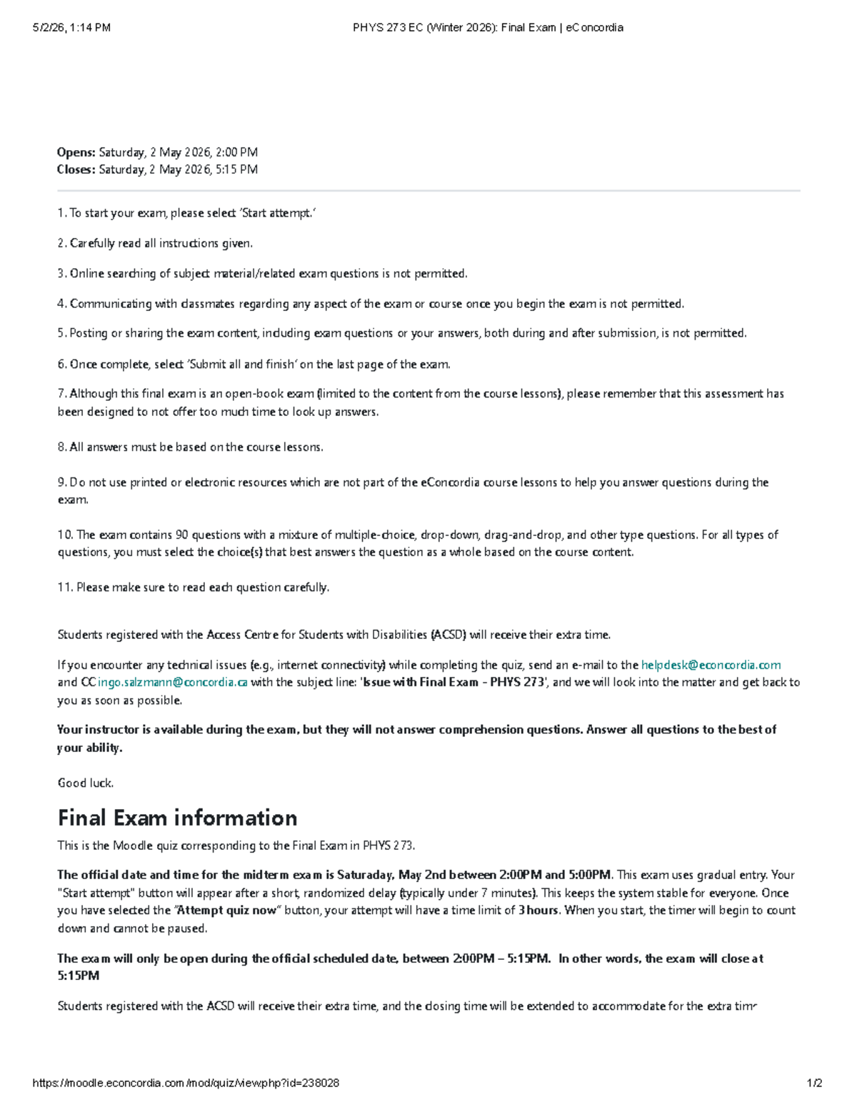 PHYS 273 EC (Winter 2026): Final Exam Guidelines and Info - Studocu