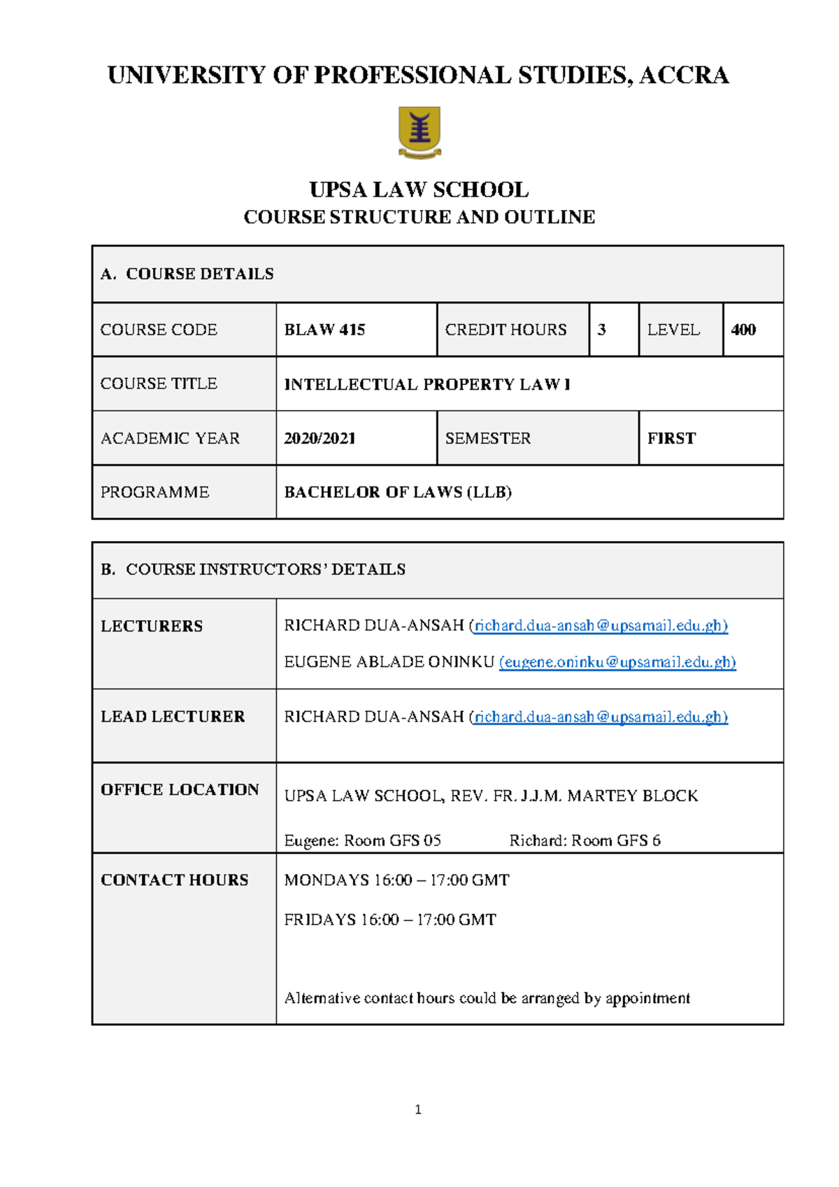 Intellectual Property Law I Course Outline - BLAW 415 (2020/2021) - Studocu