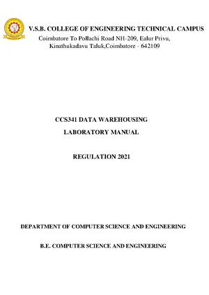Data Warehousing Lab Manual - CCS341 - B.E. 3rd Year Sem 6 - Studocu