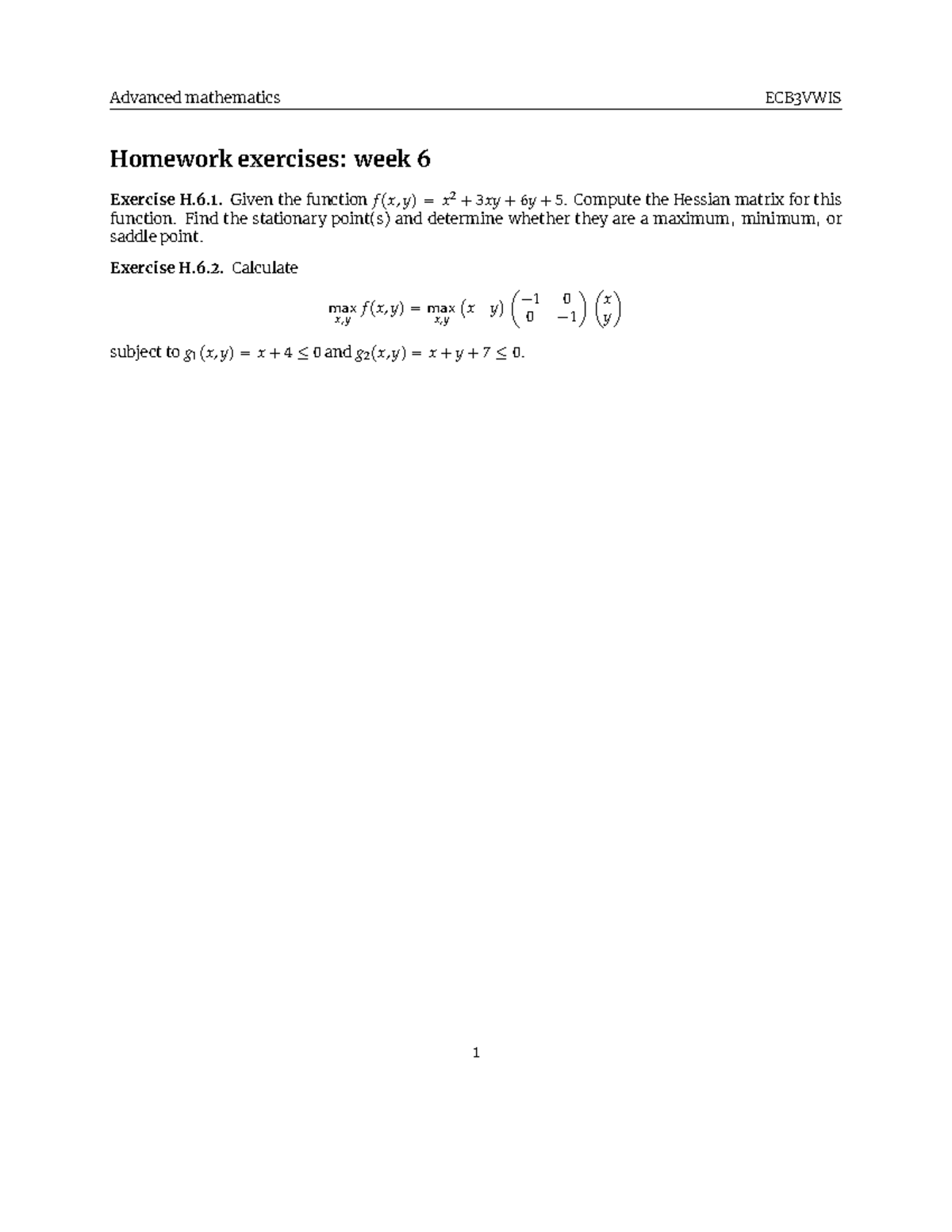 HW6 - Homework for Week 6 - Advanced Mathematics - Advanced mathematics ...