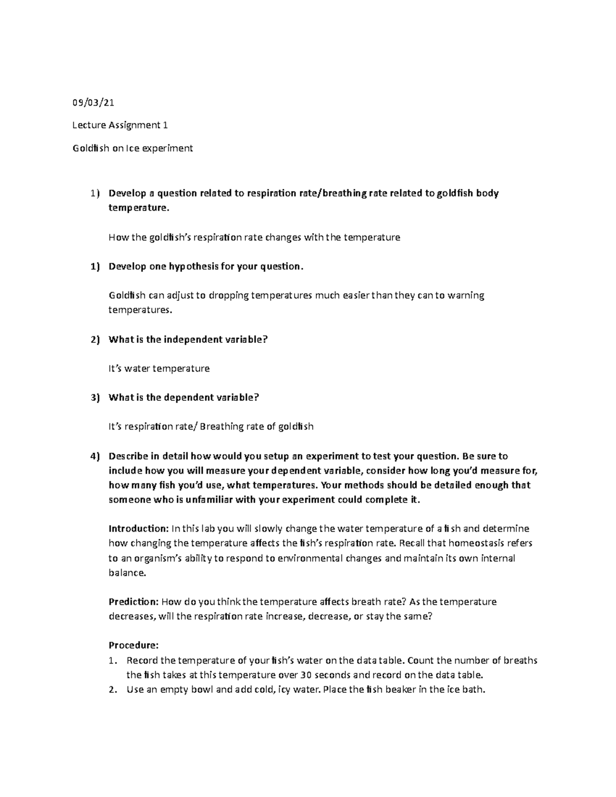 BIOL 100 LA1 - Goldfish Respiration Rate & Ice Temperature Experiment ...