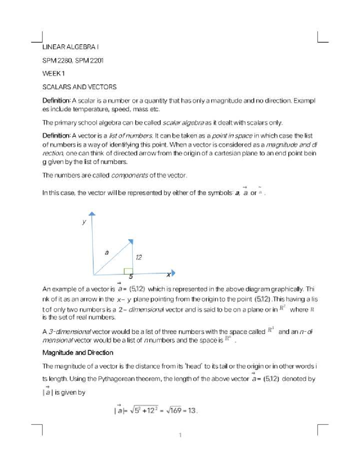 Linear Algebra I SPM 2280, SPM 2201 Week 1: Scalars & Vectors - Studocu