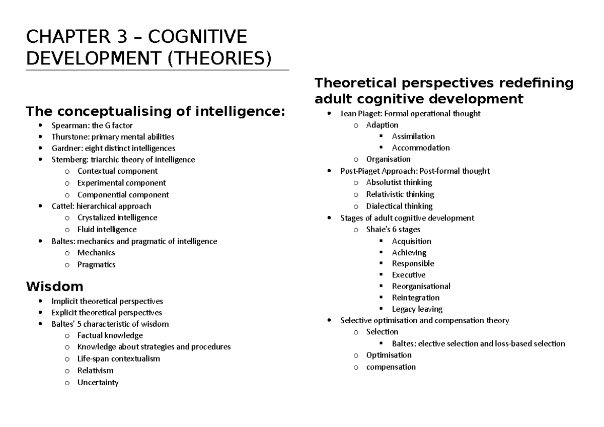 Summary of theories and theorists - CHAPTER 3 COGNITIVE DEVELOPMENT ...
