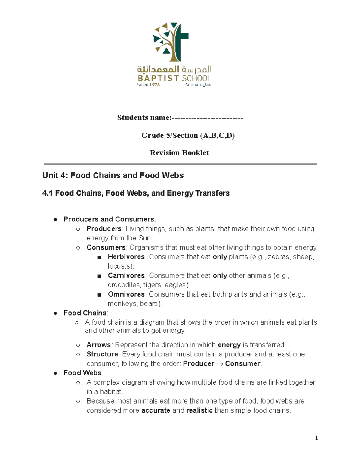 Unit 4 Revision Key: Food Chains, Webs & Energy Transfers - Studocu