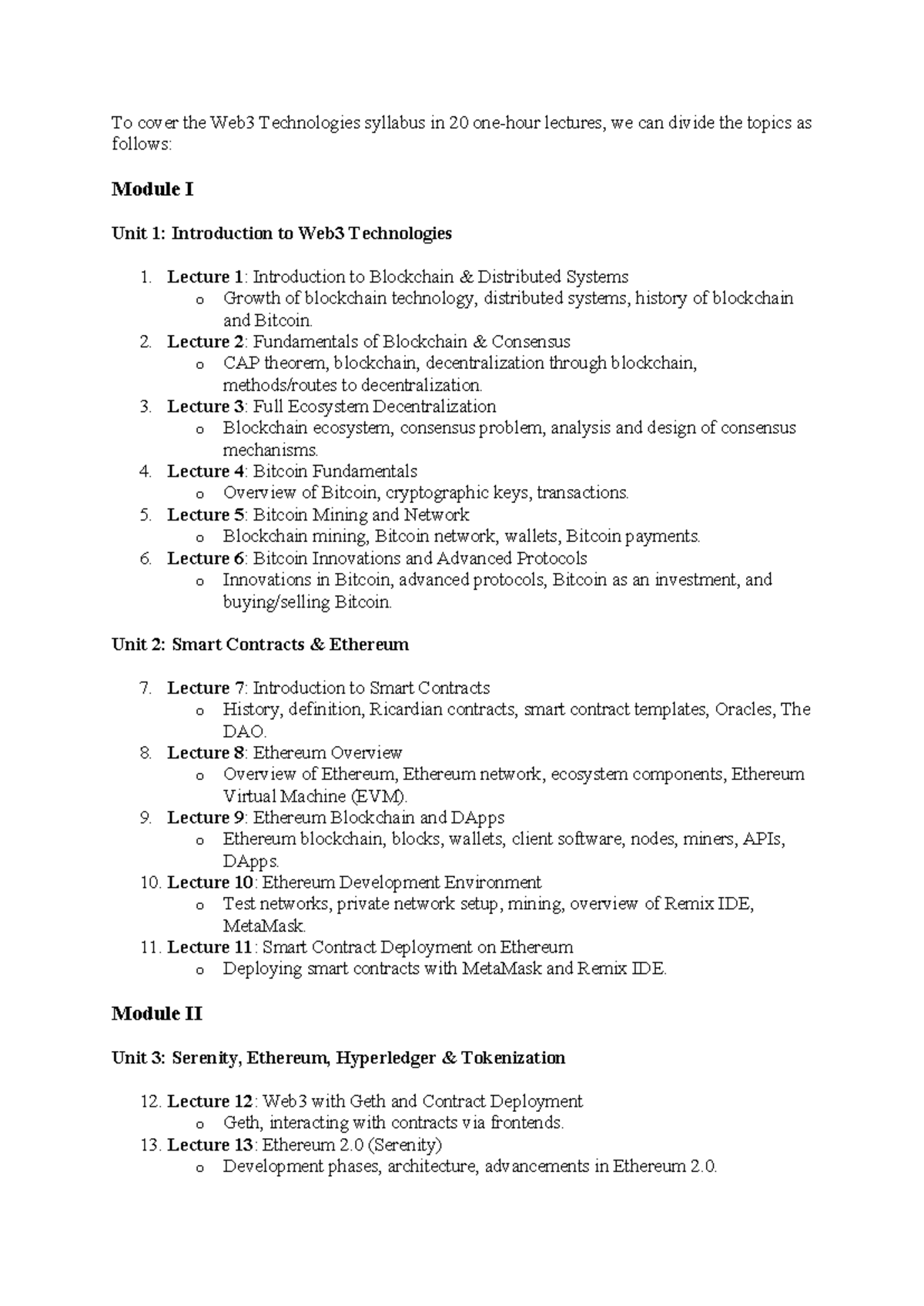 Syllabus Plan - Lecture Notes - To cover the Web3 Technologies syllabus ...